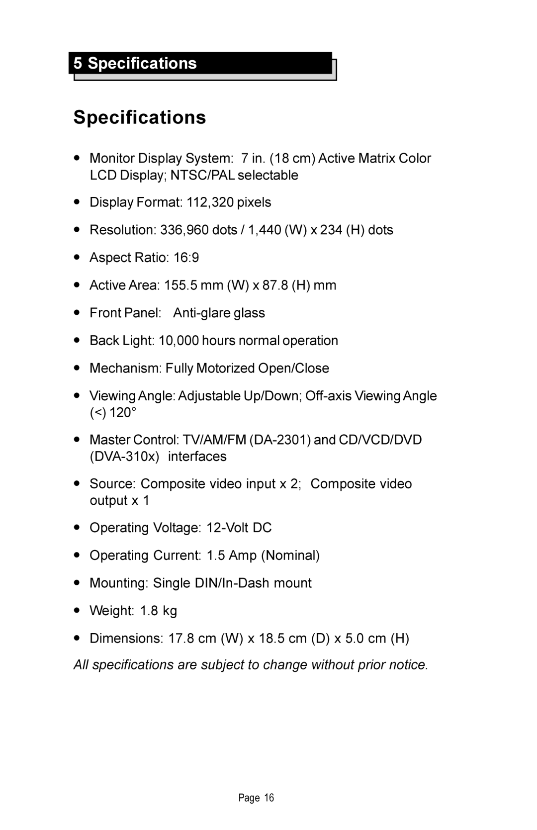 Rosen Entertainment Systems DA-7169 manual Specifications 