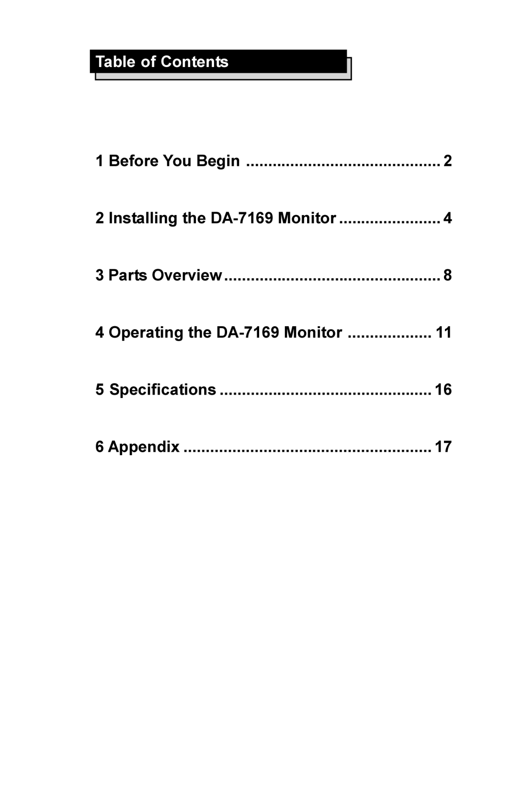 Rosen Entertainment Systems DA-7169 manual Table of Contents 