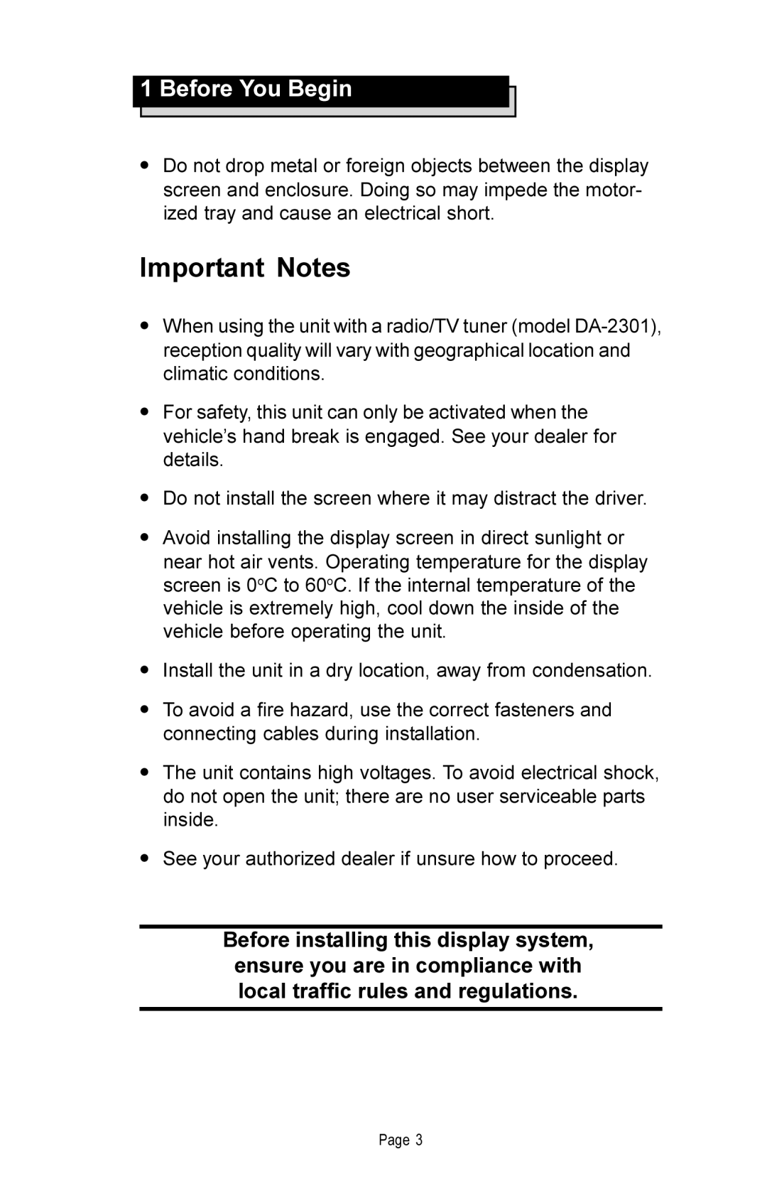 Rosen Entertainment Systems DA-7169 manual Important Notes 