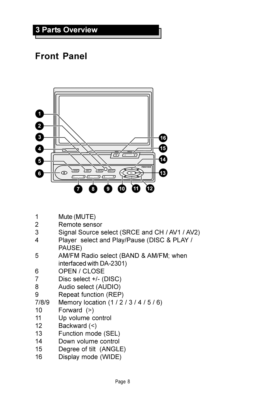 Rosen Entertainment Systems DA-7169 manual Front Panel, Open / Close 