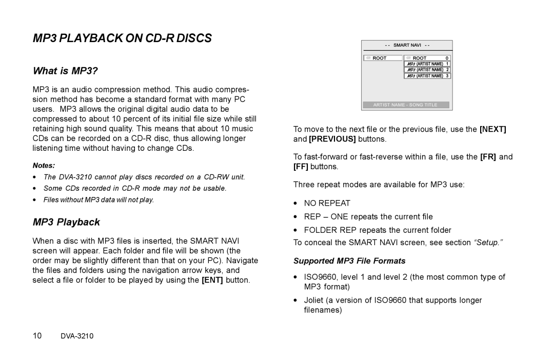 Rosen Entertainment Systems DVA-3210 specifications MP3 Playback on CD-R Discs, What is MP3?, Supported MP3 File Formats 