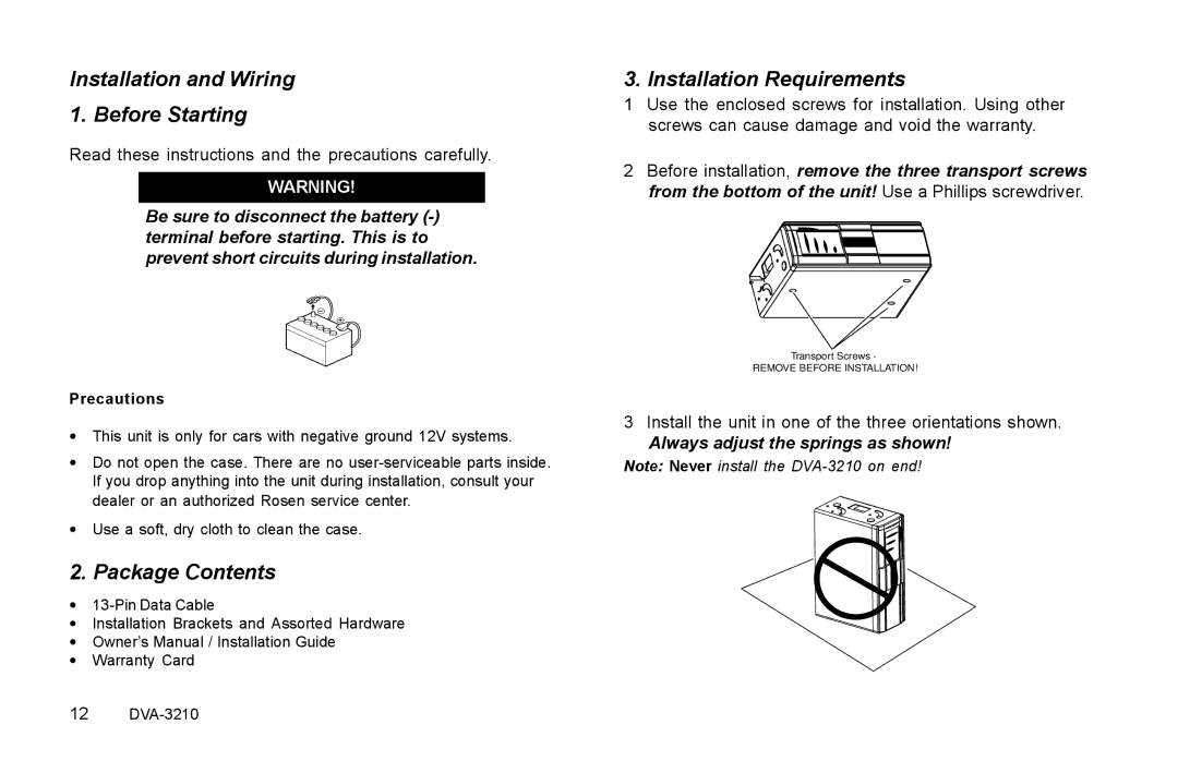 Rosen Entertainment Systems DVA-3210 Installation and Wiring Before Starting, Package Contents, Installation Requirements 