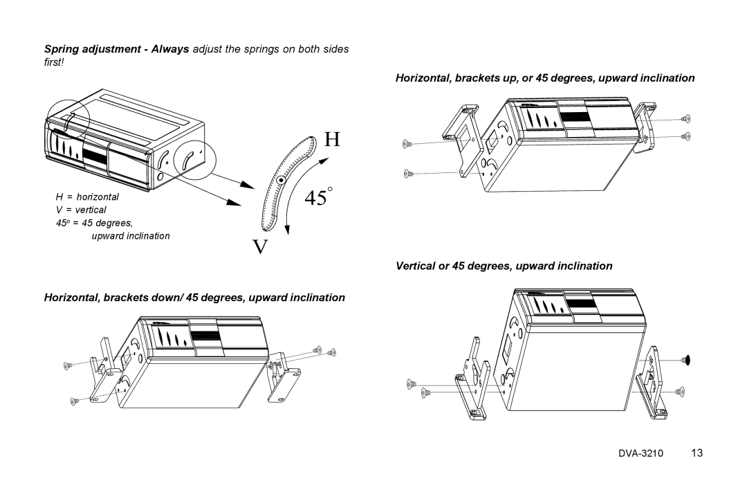 Rosen Entertainment Systems DVA-3210 specifications Horizontal, brackets up, or 45 degrees, upward inclination 