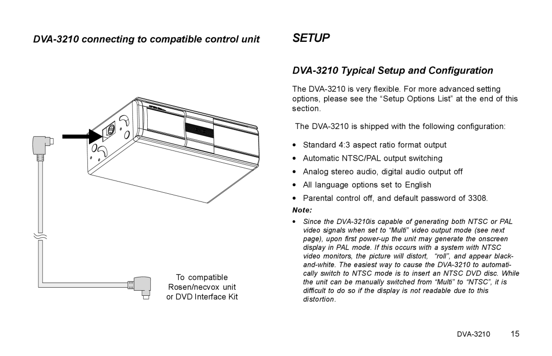 Rosen Entertainment Systems specifications Setup, DVA-3210 connecting to compatible control unit 