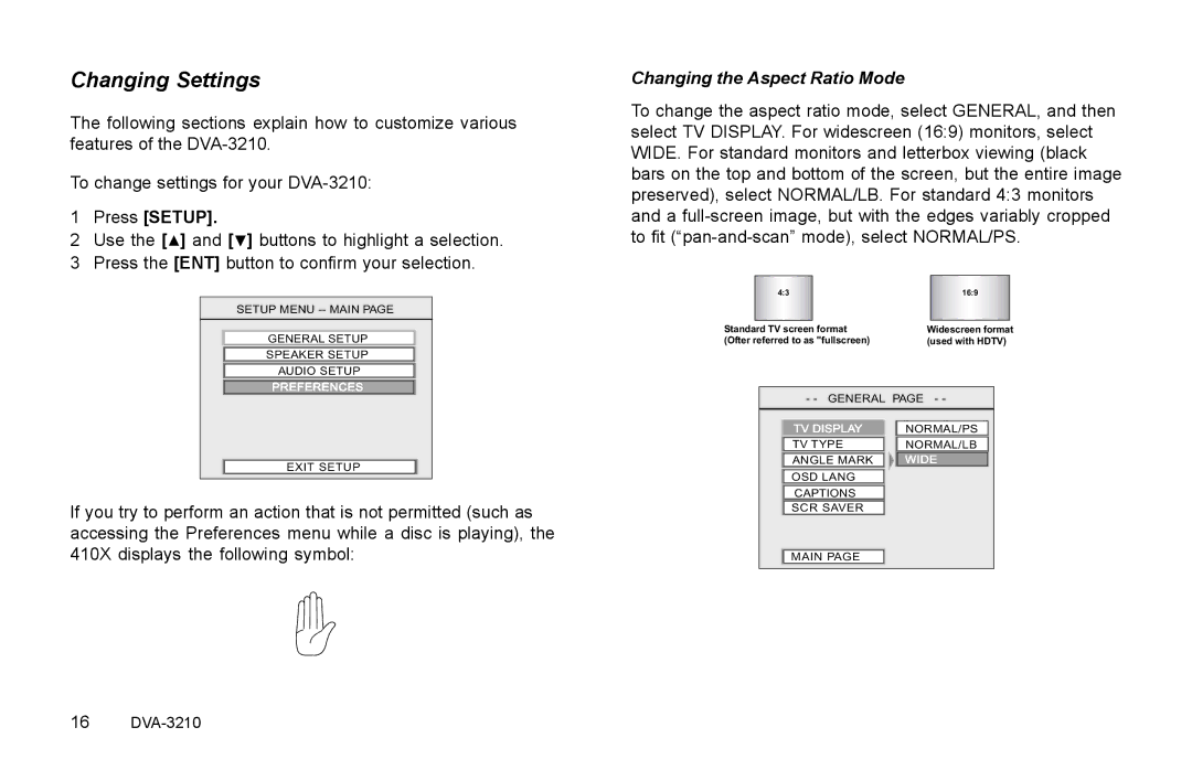 Rosen Entertainment Systems DVA-3210 specifications Changing Settings, Changing the Aspect Ratio Mode 