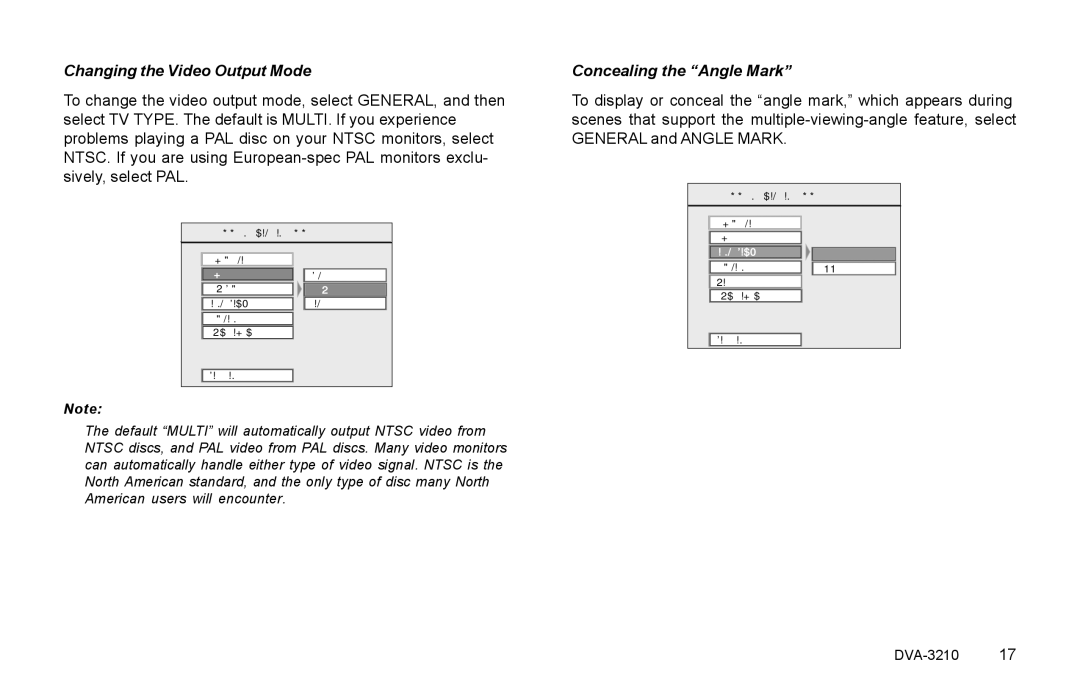 Rosen Entertainment Systems DVA-3210 specifications Changing the Video Output Mode, Concealing the Angle Mark 