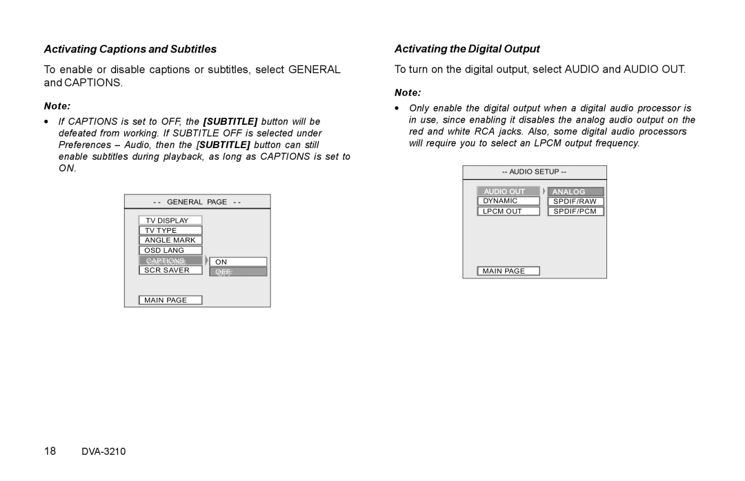 Rosen Entertainment Systems DVA-3210 specifications Activating Captions and Subtitles, Activating the Digital Output 