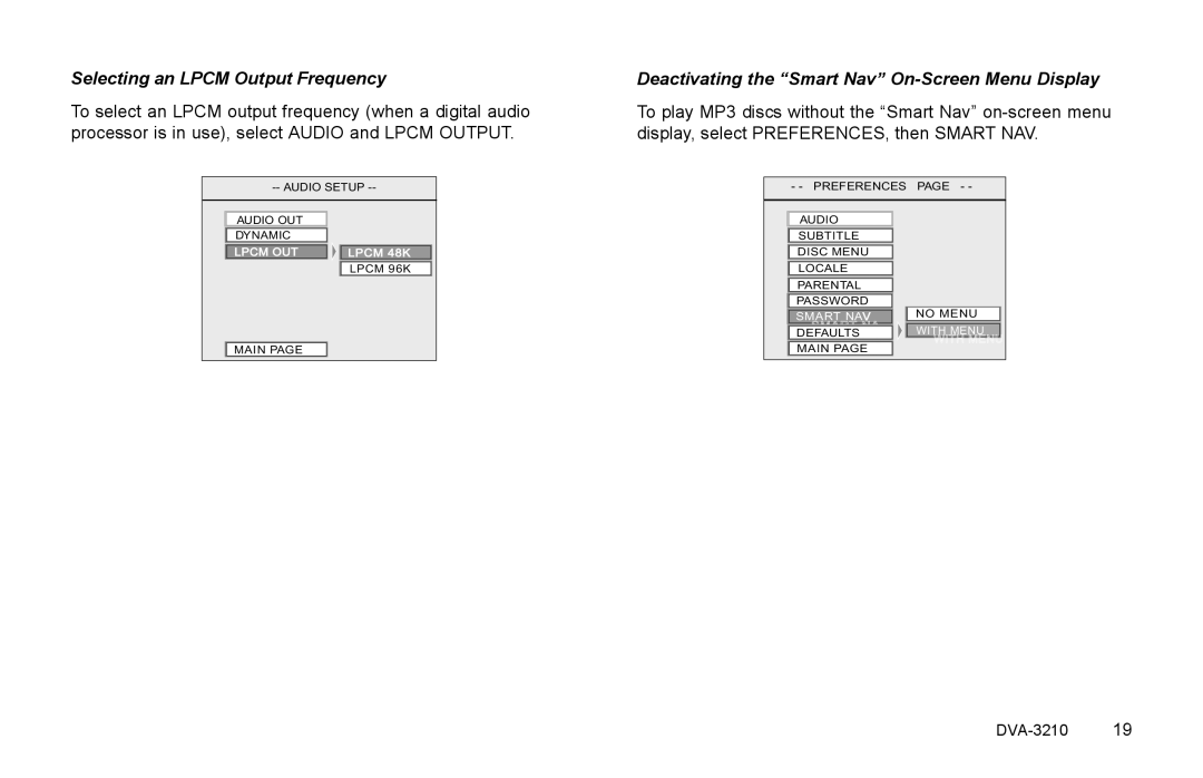 Rosen Entertainment Systems DVA-3210 Selecting an Lpcm Output Frequency, Deactivating the Smart Nav On-Screen Menu Display 