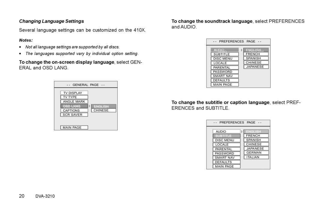 Rosen Entertainment Systems DVA-3210 Changing Language Settings, To change the on-screen display language, select GEN 