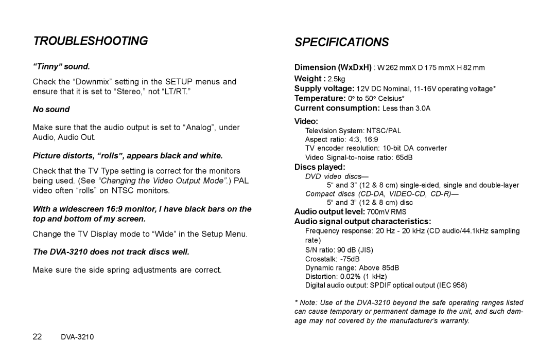 Rosen Entertainment Systems DVA-3210 specifications Troubleshooting, Specifications 