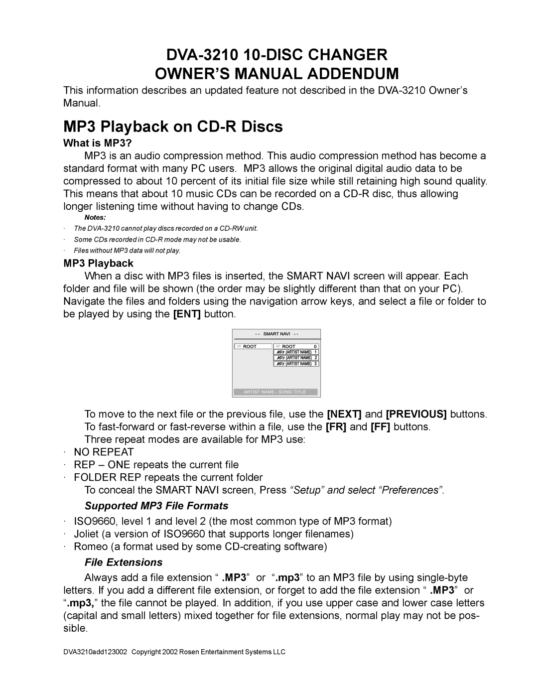 Rosen Entertainment Systems specifications DVA-3210 10-DISC Changer 