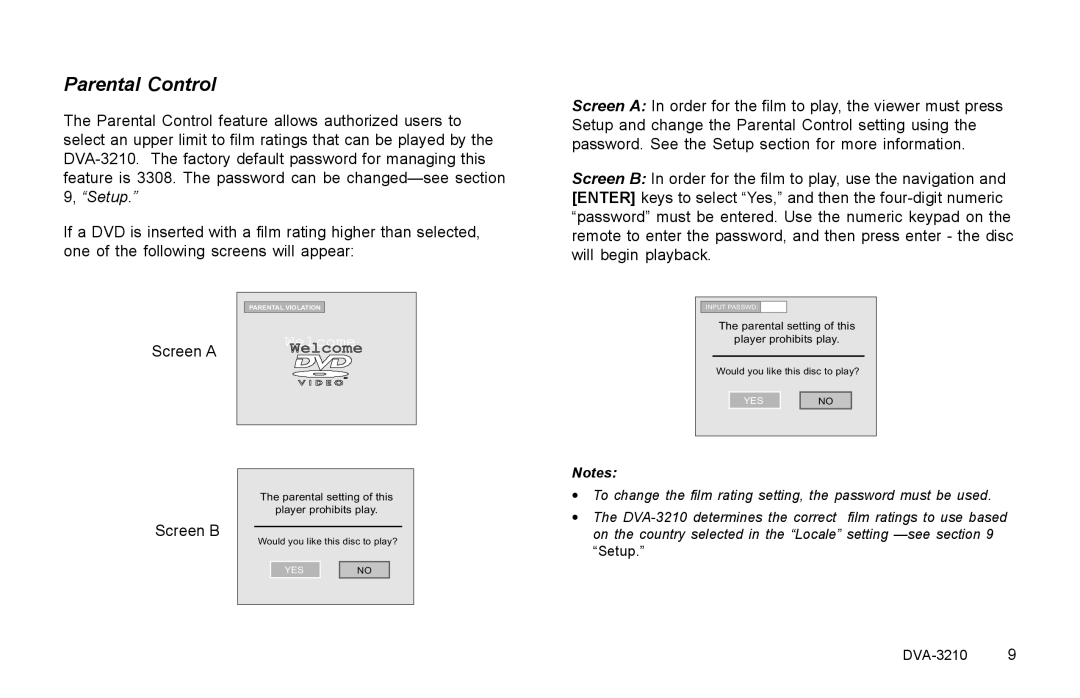 Rosen Entertainment Systems DVA-3210 specifications Parental Control, Welcome 