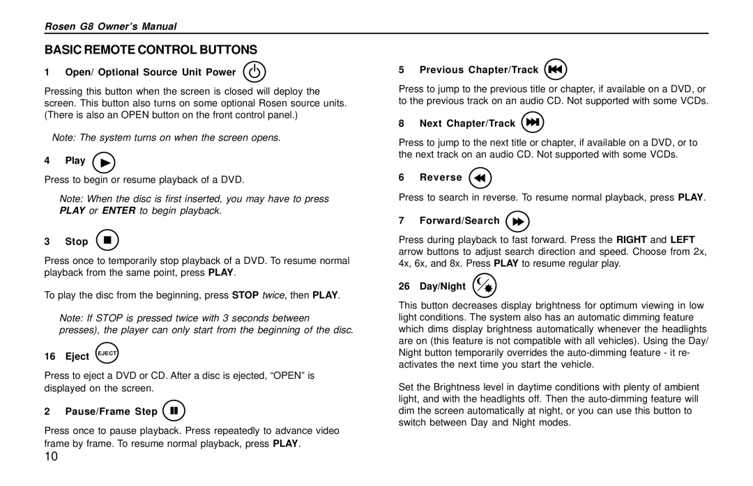 Rosen Entertainment Systems DVD Player owner manual Basic Remote Control Buttons 