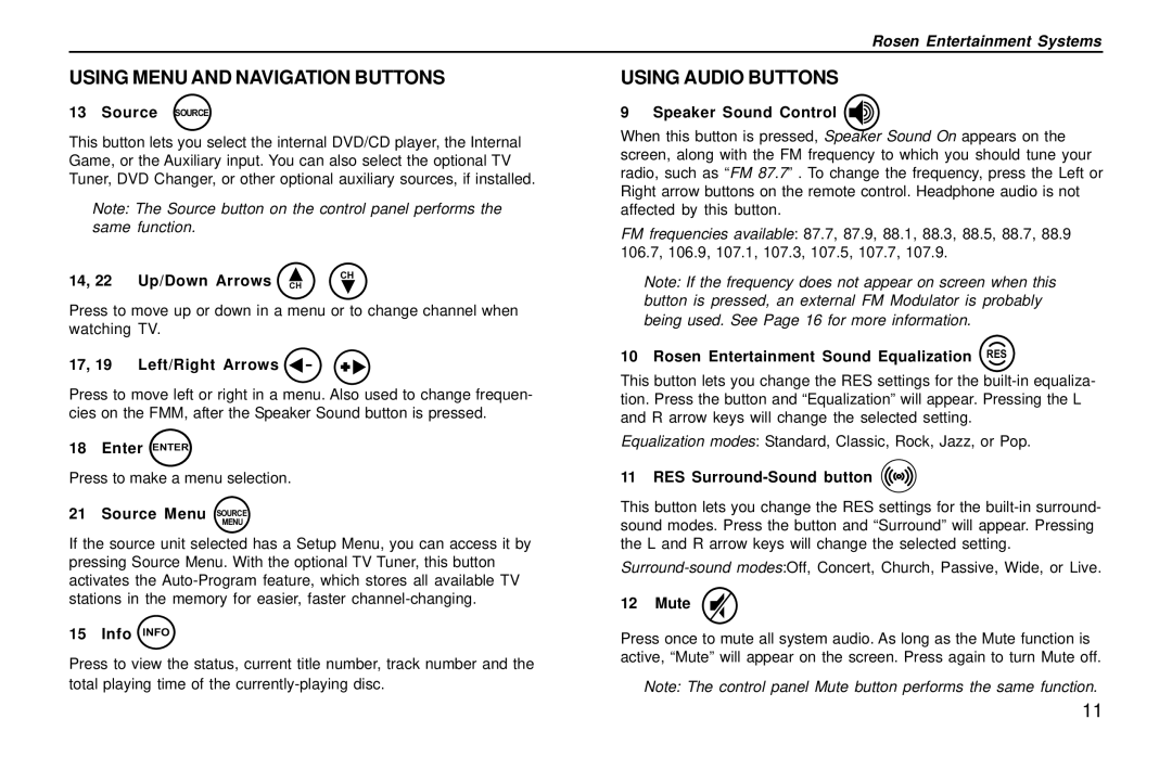 Rosen Entertainment Systems DVD Player owner manual Using Menu and Navigation Buttons Using Audio Buttons 