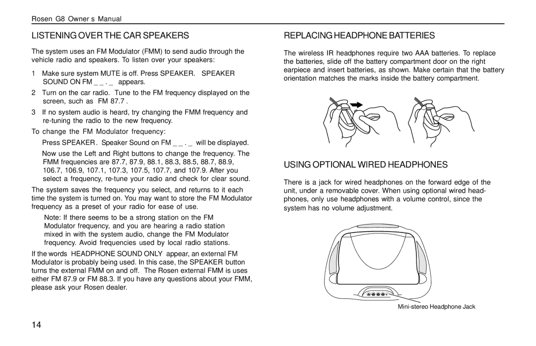 Rosen Entertainment Systems DVD Player owner manual Listening Over the CAR Speakers, Replacing Headphone Batteries 