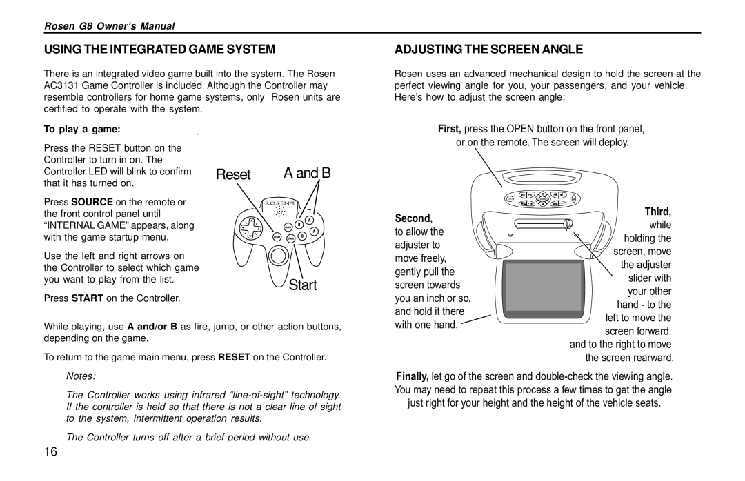 Rosen Entertainment Systems DVD Player Using the Integrated Game System, Adjusting the Screen Angle, To play a game 