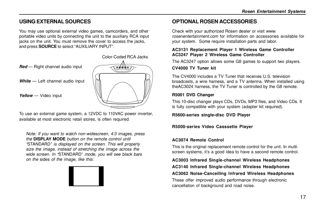 Rosen Entertainment Systems DVD Player owner manual Using External Sources, Optional Rosen Accessories, CV4000 TV Tuner kit 