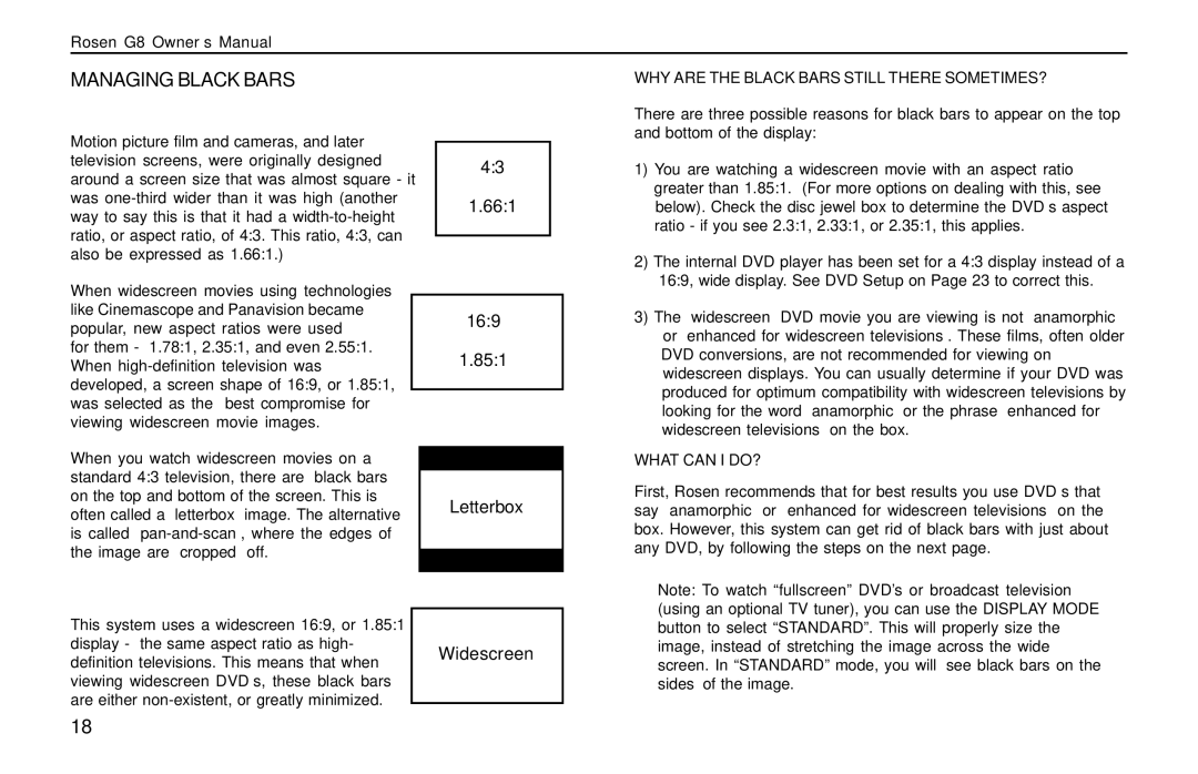 Rosen Entertainment Systems DVD Player owner manual Managing Black Bars, 661 169 851 Letterbox Widescreen 