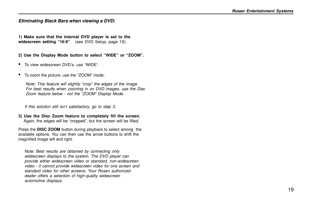 Rosen Entertainment Systems DVD Player owner manual Eliminating Black Bars when viewing a DVD 