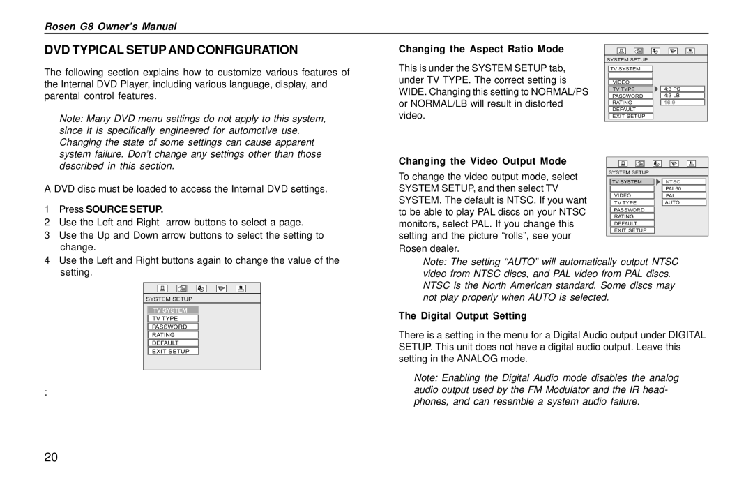 Rosen Entertainment Systems DVD Player owner manual DVD Typical Setup and Configuration, Changing the Aspect Ratio Mode 