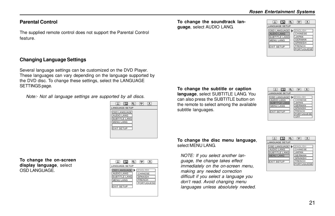 Rosen Entertainment Systems DVD Player owner manual Parental Control, Changing Language Settings 