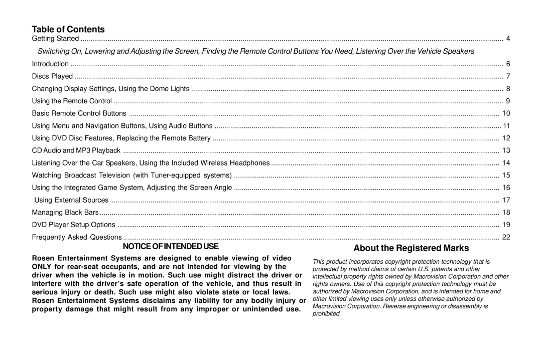 Rosen Entertainment Systems DVD Player owner manual Table of Contents 