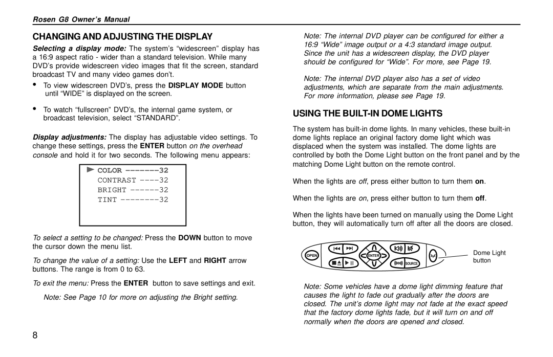 Rosen Entertainment Systems DVD Player owner manual Changing and Adjusting the Display 