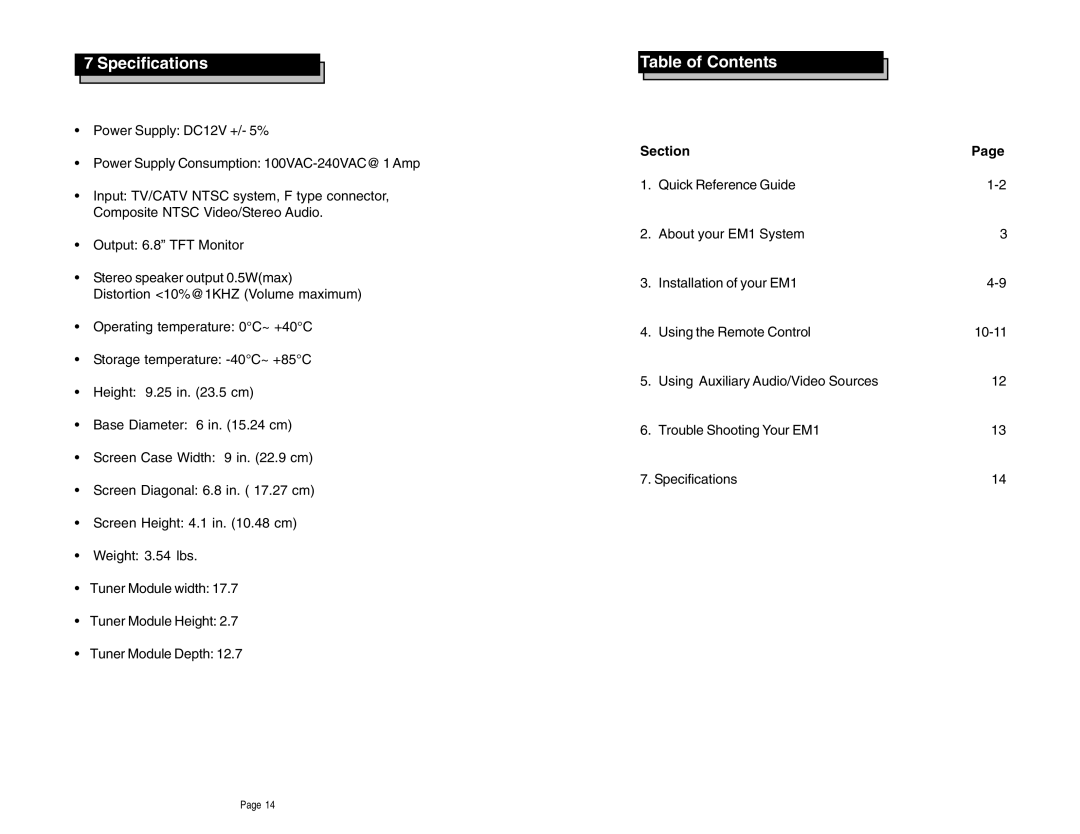 Rosen Entertainment Systems EM-1 manual Specifications, Table of Contents 