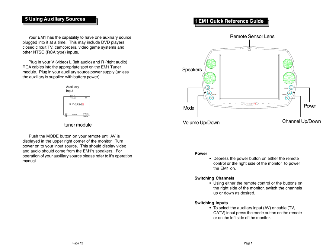 Rosen Entertainment Systems EM-1 manual Using Auxiliary Sources, EM1 Quick Reference Guide, Power, Switching Channels 