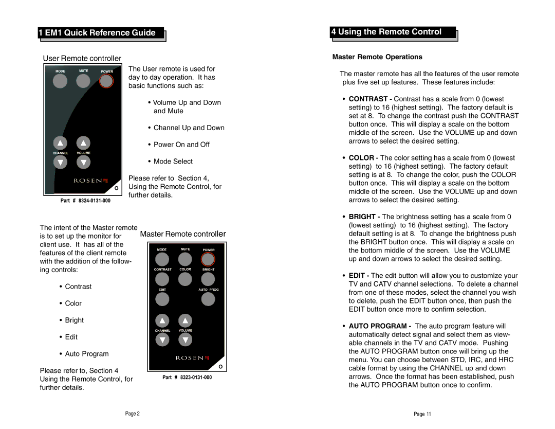 Rosen Entertainment Systems EM-1 manual Using the Remote Control, Master Remote Operations 