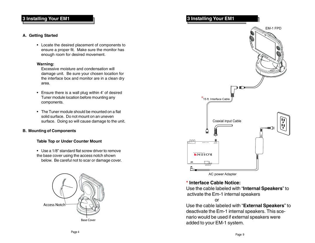 Rosen Entertainment Systems EM-1 manual Installing Your EM1, Getting Started 