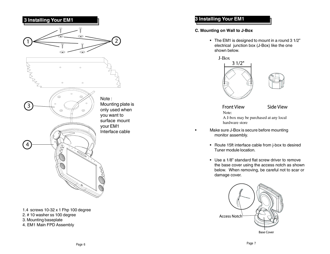 Rosen Entertainment Systems EM-1 manual Mounting on Wall to J-Box 