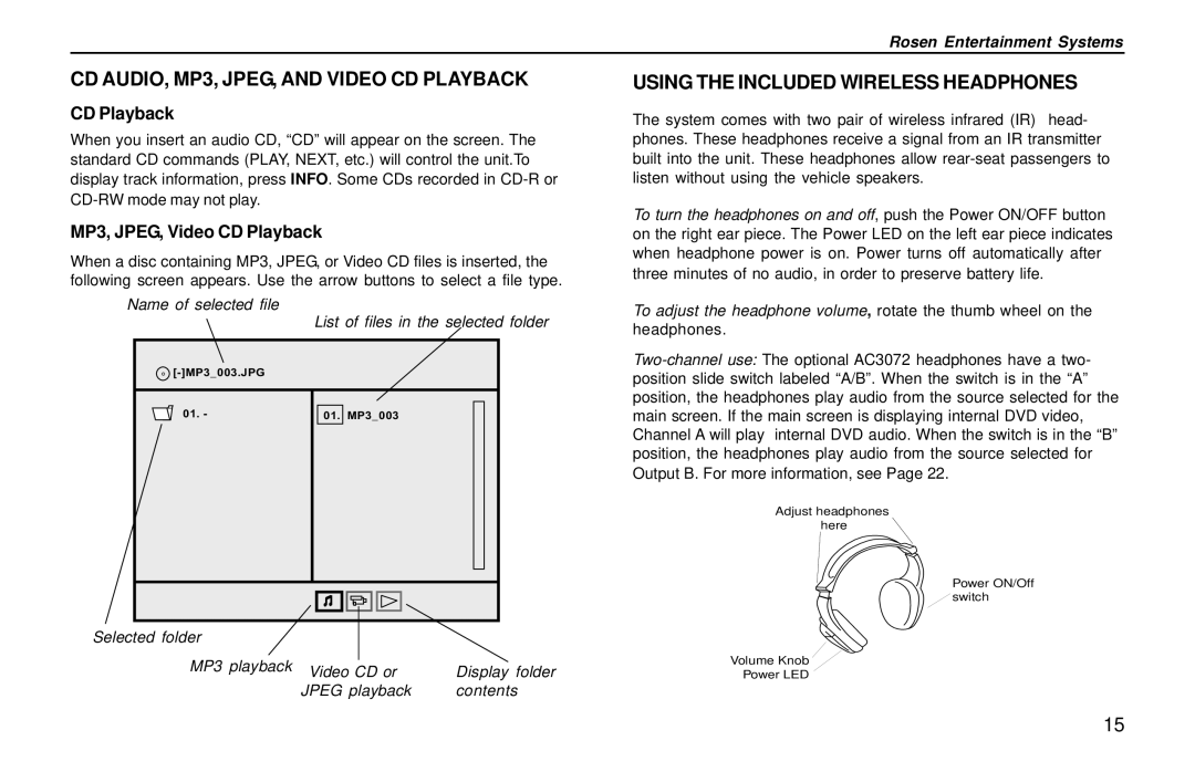 Rosen Entertainment Systems G10 CD AUDIO, MP3, JPEG, and Video CD Playback, Using the Included Wireless Headphones 