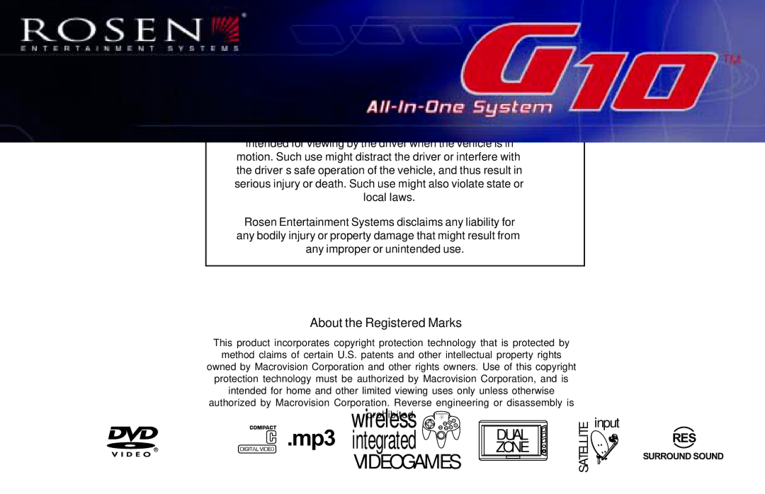 Rosen Entertainment Systems G10 owner manual About the Registered Marks 