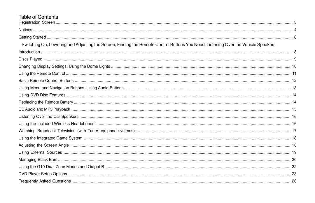 Rosen Entertainment Systems G10 owner manual Table of Contents 