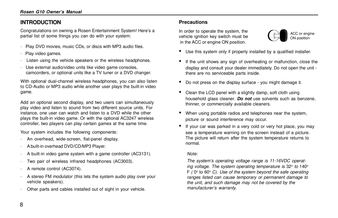 Rosen Entertainment Systems G10 owner manual Introduction, Precautions 