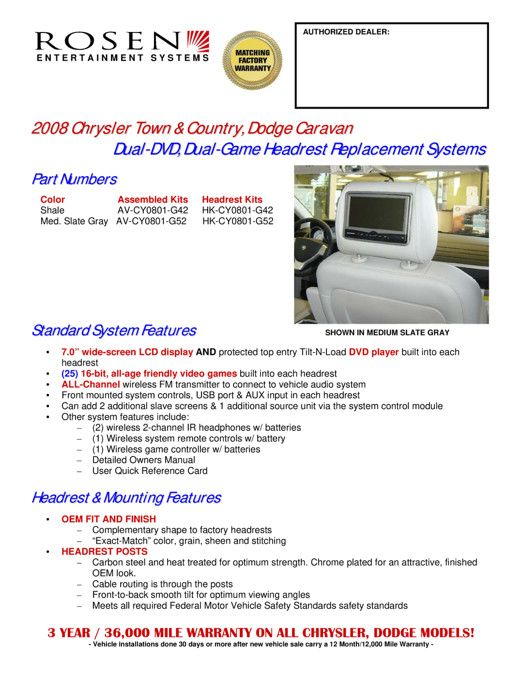 Rosen Entertainment Systems HK-CY0801-G52, HK-CY0801-G42 owner manual Chrysler Town & Country,Dodge Caravan, PartNumbers 