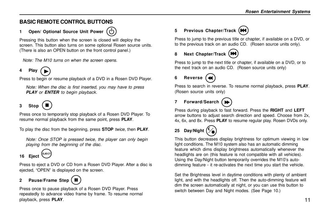 Rosen Entertainment Systems M10 owner manual Basic Remote Control Buttons 