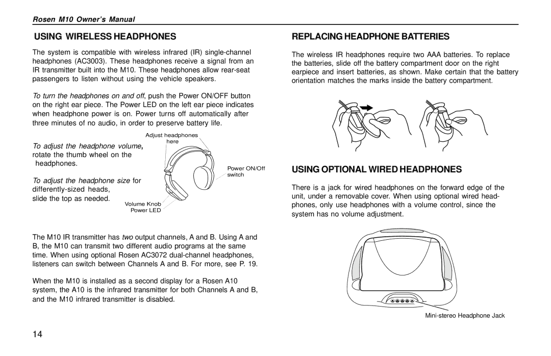 Rosen Entertainment Systems M10 owner manual Using Wireless Headphones, Using Optional Wired Headphones 