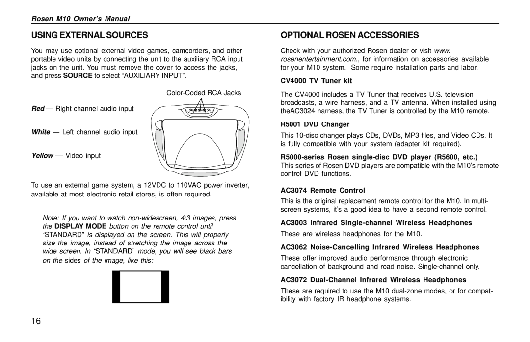 Rosen Entertainment Systems M10 owner manual Using External Sources, Optional Rosen Accessories 