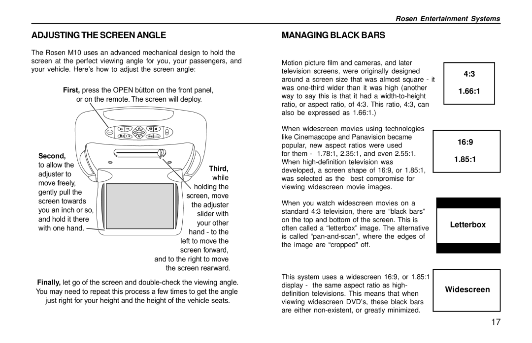 Rosen Entertainment Systems M10 owner manual Adjusting the Screen Angle Managing Black Bars, Second, Third 