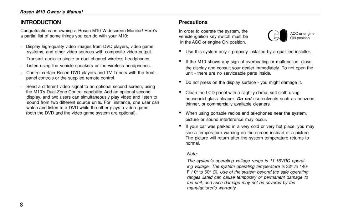 Rosen Entertainment Systems M10 owner manual Introduction, Precautions 