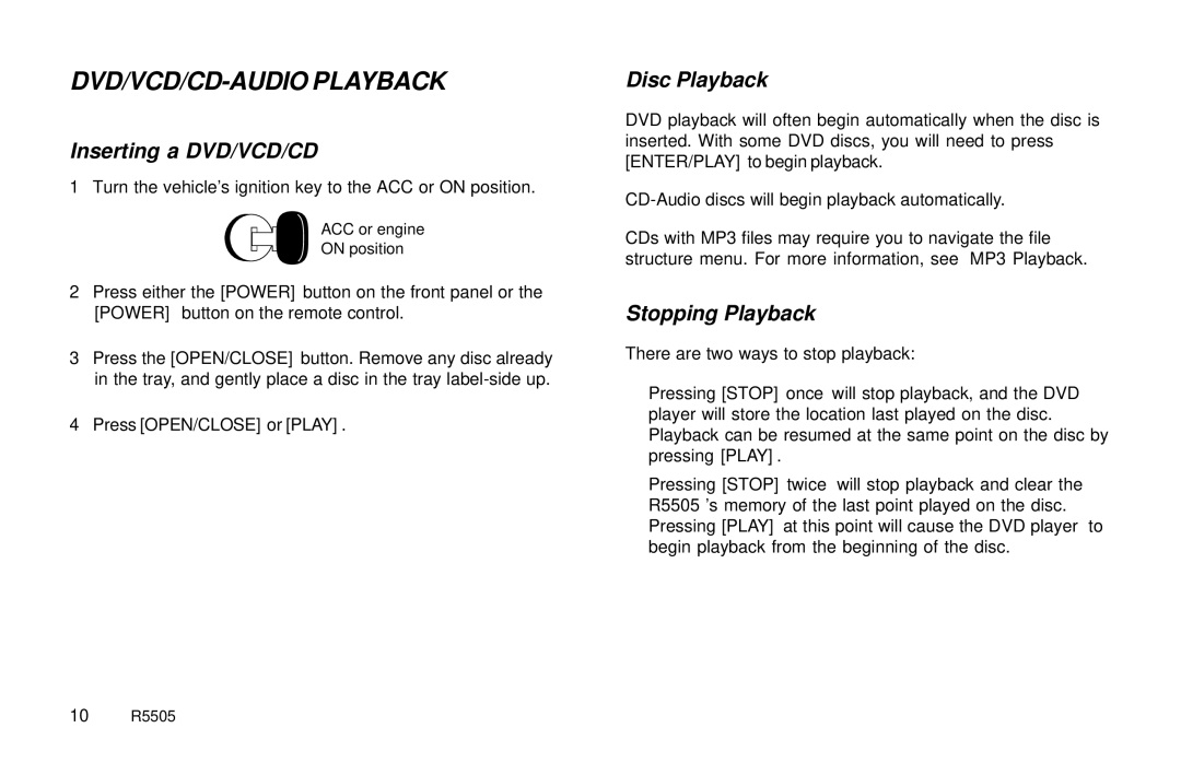 Rosen Entertainment Systems R5505 DVD/VCD/CD-AUDIO Playback, Inserting a DVD/VCD/CD, Disc Playback, Stopping Playback 