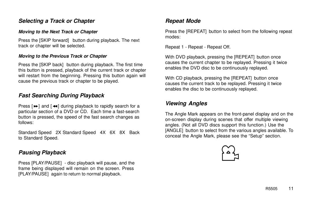 Rosen Entertainment Systems R5505 Selecting a Track or Chapter, Fast Searching During Playback, Pausing Playback 