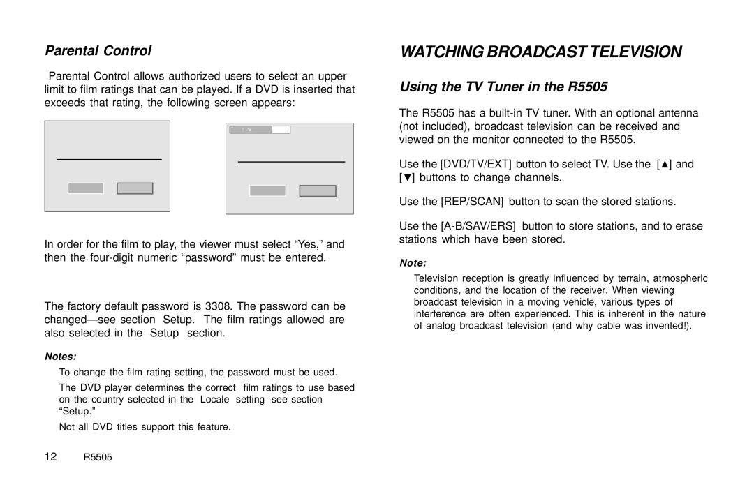 Rosen Entertainment Systems Watching Broadcast Television, Parental Control, Using the TV Tuner in the R5505 