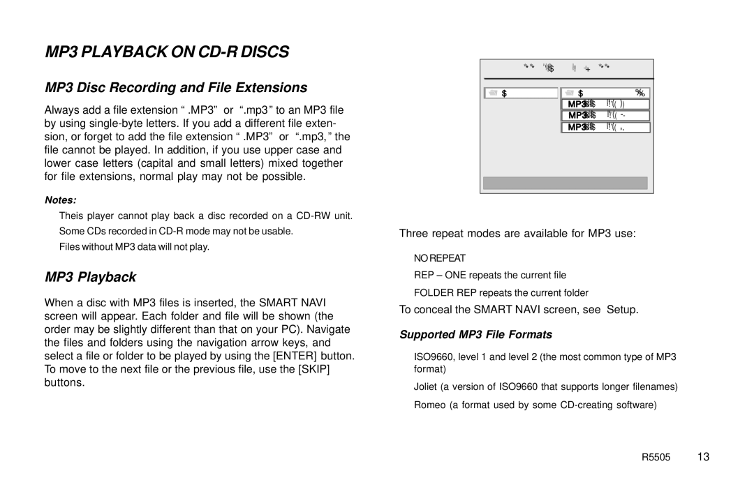Rosen Entertainment Systems R5505 owner manual MP3 Playback on CD-R Discs, MP3 Disc Recording and File Extensions 