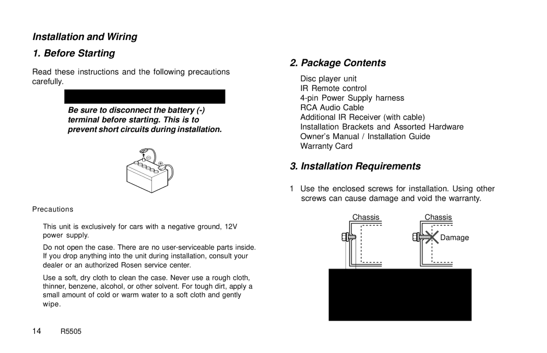 Rosen Entertainment Systems R5505 Installation and Wiring Before Starting, Package Contents, Installation Requirements 