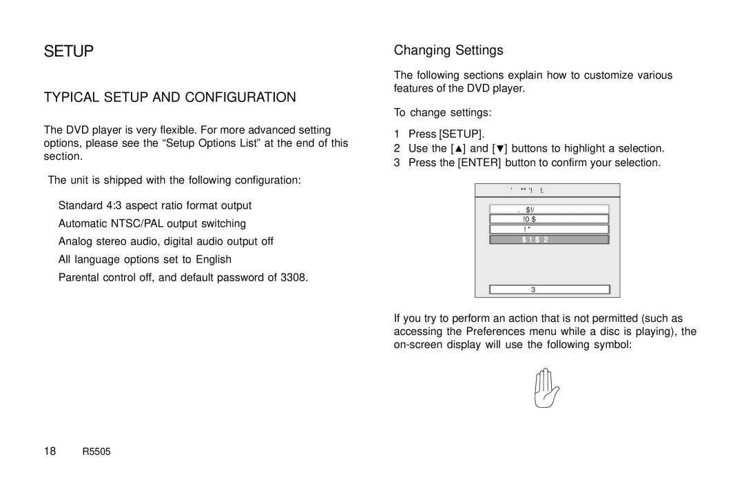 Rosen Entertainment Systems R5505 owner manual Setup, Changing Settings 