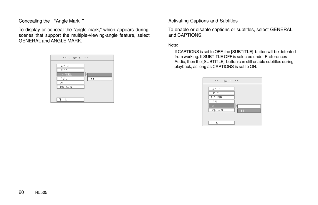 Rosen Entertainment Systems R5505 owner manual Concealing the Angle Mark, Activating Captions and Subtitles 