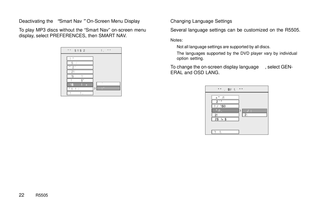 Rosen Entertainment Systems R5505 Deactivating the Smart Nav On-Screen Menu Display, Changing Language Settings 